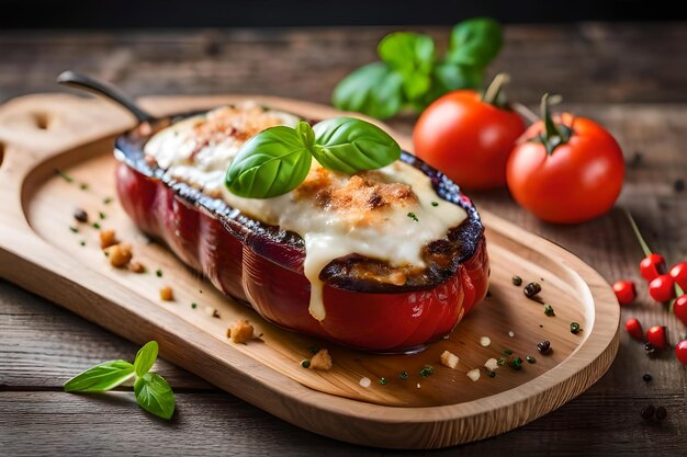 Foto un pomodoro al forno con il basilico sul lato