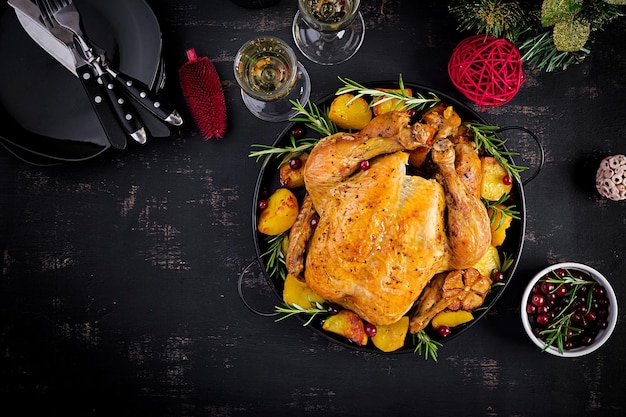 Baked turkey or chicken The Christmas table is served with a turkey decorated with bright tinsel Fried chicken Table setting Christmas dinner Top view