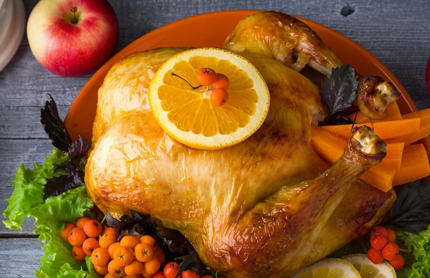 Baked Turkey for family Christmas dinner Thanksgiving holiday foodTop view closeup