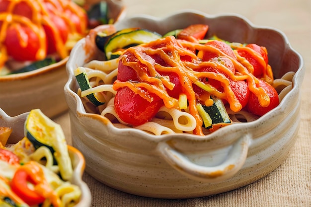 Baked vegetables pasta sauce and raw pasta