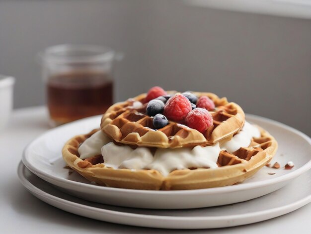 baked waffle with topping on white ceramic plate