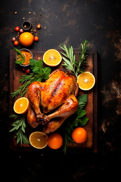 baked whole chicken top view on dark background place for text
