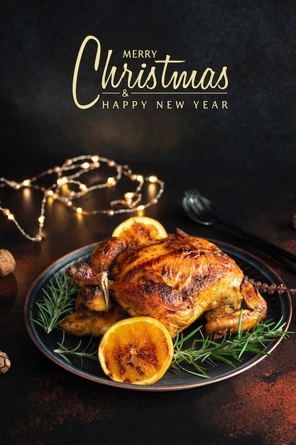 Baked whole chicken with oranges and rosemary