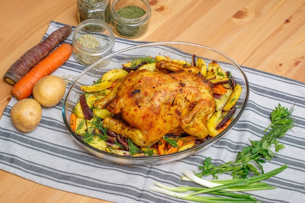 Baked whole chicken with potato and carrot in a glass dish