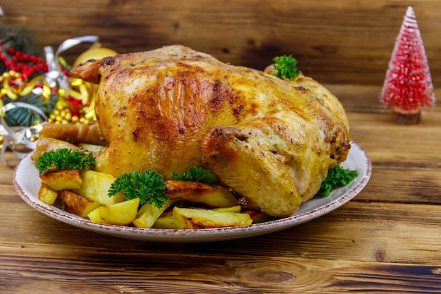 Baked whole chicken with potato and Christmas decorations on a wooden table