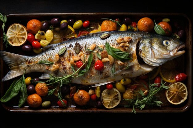 baked whole fish with mediterranean vegetables sunday roast dessert close up