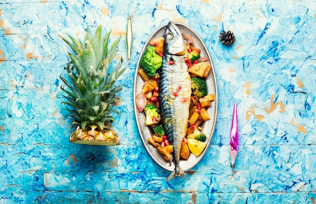 Baked whole fish with pineapple, broccoli and pomegranate. Grilled mackerel