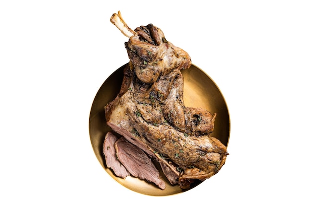 Baked whole lamb shoulder leg with herbs and spices in a steel plate Isolated on white background