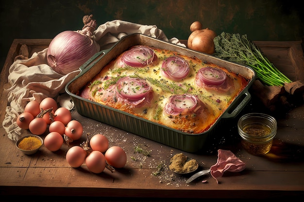 Baked with herbs and easter ham onions on baking sheet