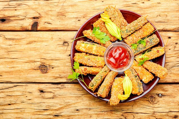 Baked zucchini sticks with sauces,roasted zucchini.Breaded fried zucchini.Zucchini sticks in breadcrumbs