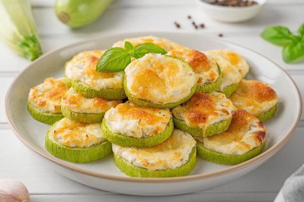 Baked zucchini with cheese garlic and fresh herbs on a white wooden background Selective focus