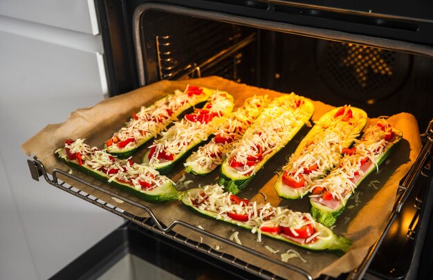 Фото Запеченные кабачки с ветчиной и овощами под сыром