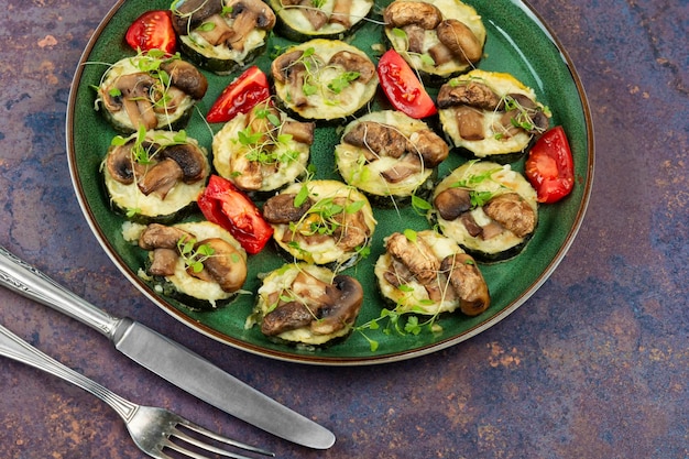 Baked zucchini with mushrooms and fresh herbs