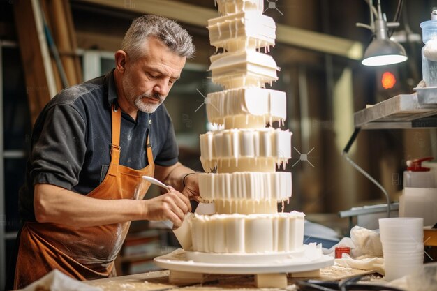 ベイカーが柱付きの階層のケーキを組み立てている