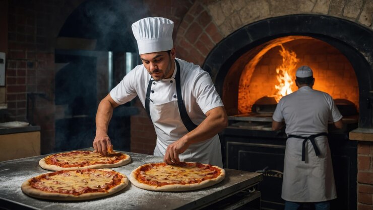 Photo a baker bakes pizzas in a pizzeria