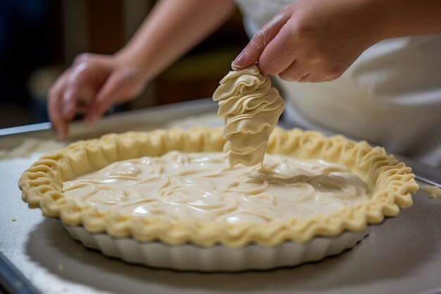 A baker brushing egg wash on top of a pie crust for a glossy finish pie image photography