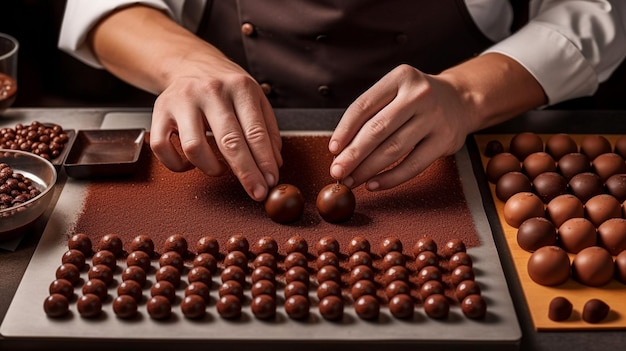 Foto fornaio o cioccolatino che prepara caramelle al cioccolato