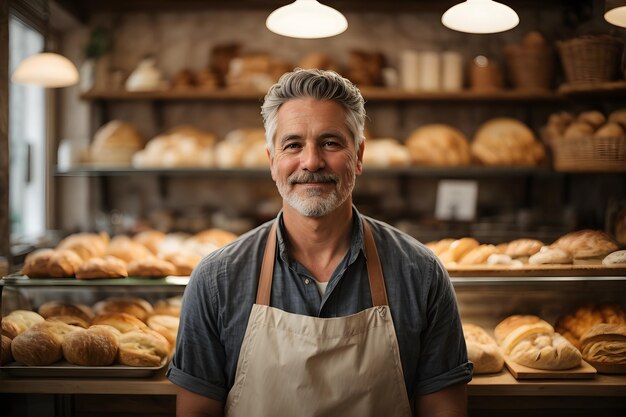 Photo a baker in a cozy bakery surrounded by baked bread