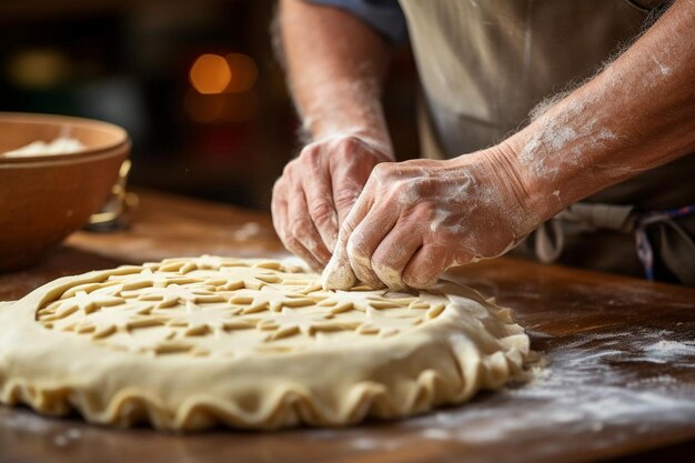 A baker crimping the edges of a pie crust pie image photography