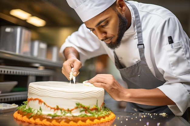 A baker decorating a carrot cake with intricate piping designs