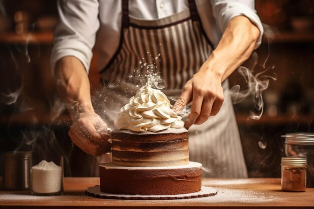 Baker dusting cocoa powder on a tiramisu cake