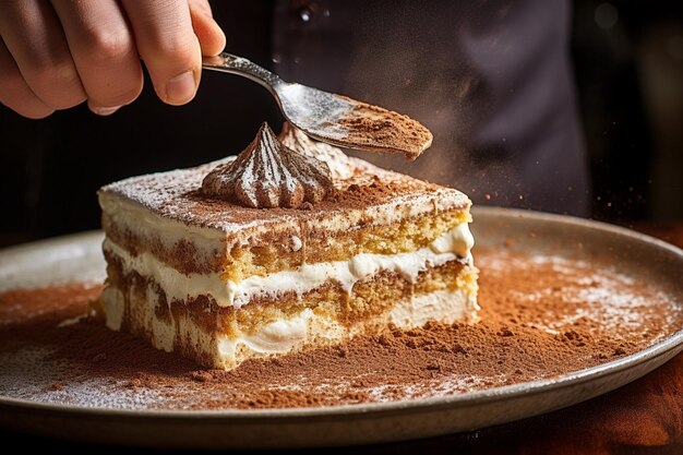 Baker dusting cocoa powder on a tiramisu cake