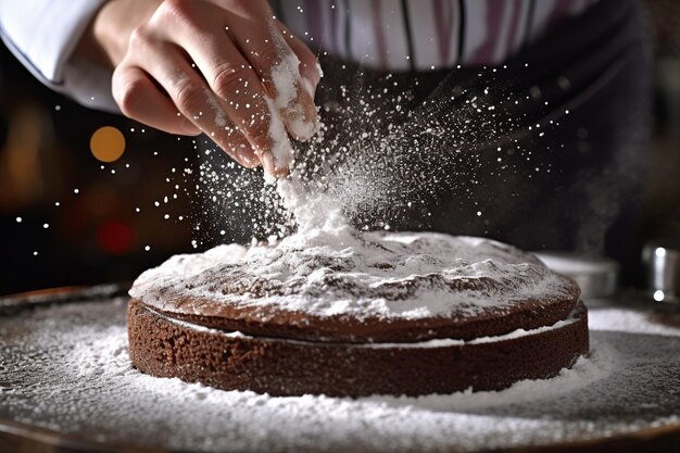 Baker dusting powdered sugar on a flourless chocolate cake