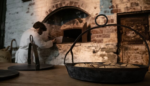 Foto baker si prepara a cuocere un pane nella vecchia panetteria tradizionale