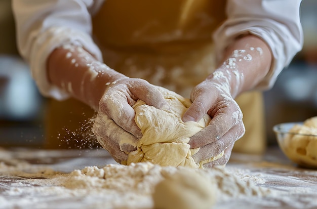 Photo baker hands kneading dough