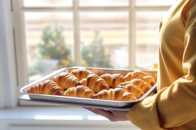 Baker holding fresh croissant in metal tray