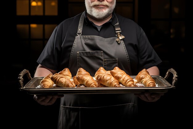 Foto baker con un vassoio di metallo pieno di croissant freschi illuminati