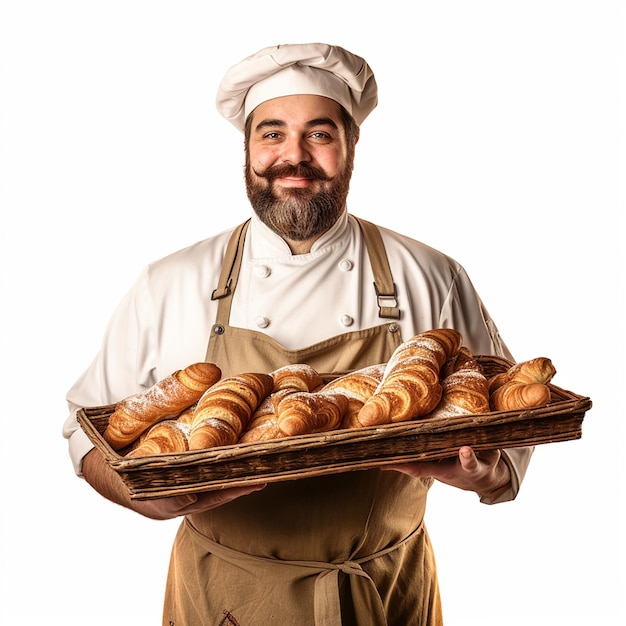 The baker holding a tray of croissants white background