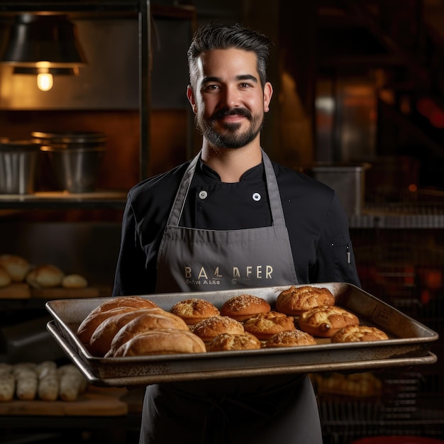 Baker holding a tray full of breads inside a bakery