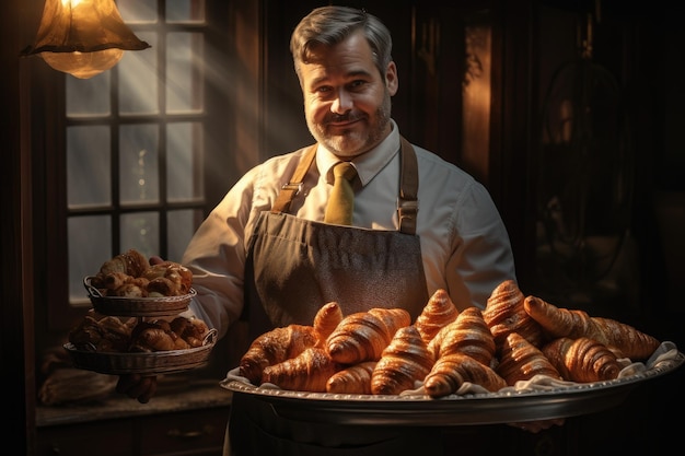 Foto baker con un vassoio pieno di croissant freschi