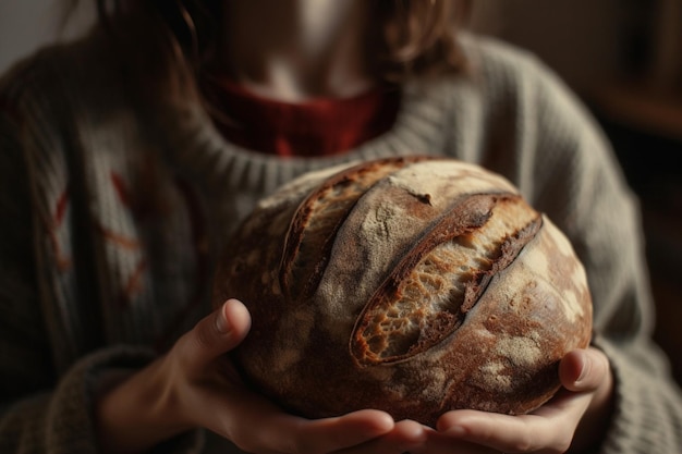 A baker holds freshly baked bread