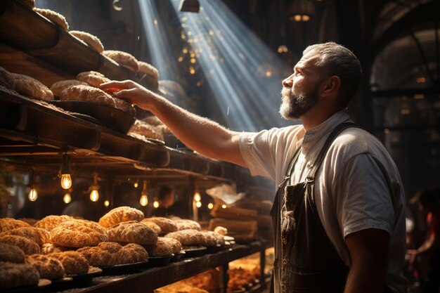 Baker holds a tray of loaves Interior of a bakery