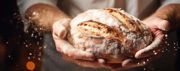 写真 パン屋はオーブンで新鮮な酵母パンを粉の混乱で作っています バナーパノラマ ゲネレーティブ・アイ