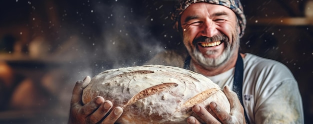写真 ベイカーがオーブンで新鮮な酵母パンを作っています 粉の混乱食品パノラマ generative ai