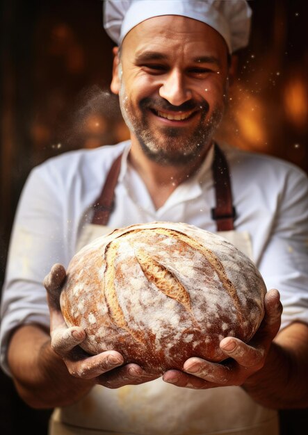 写真 ベイカーはオーブンで新鮮な酵母パンを作っています ⁇ テーブルの上に粉の混乱があります ⁇
