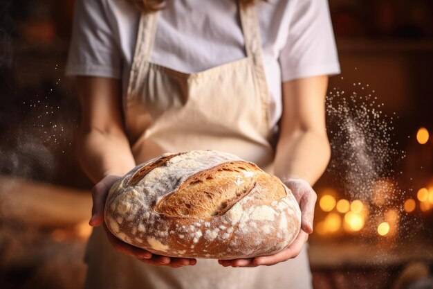 Baker is making in oven fresh sourdough bread with mess of flour on table Generative Ai