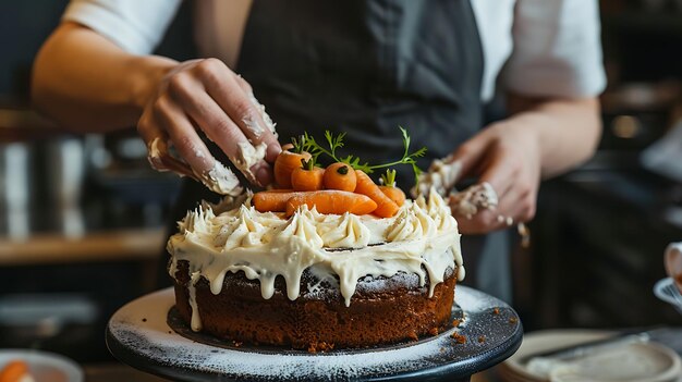 A baker is putting the finishing touches on a carrot cake