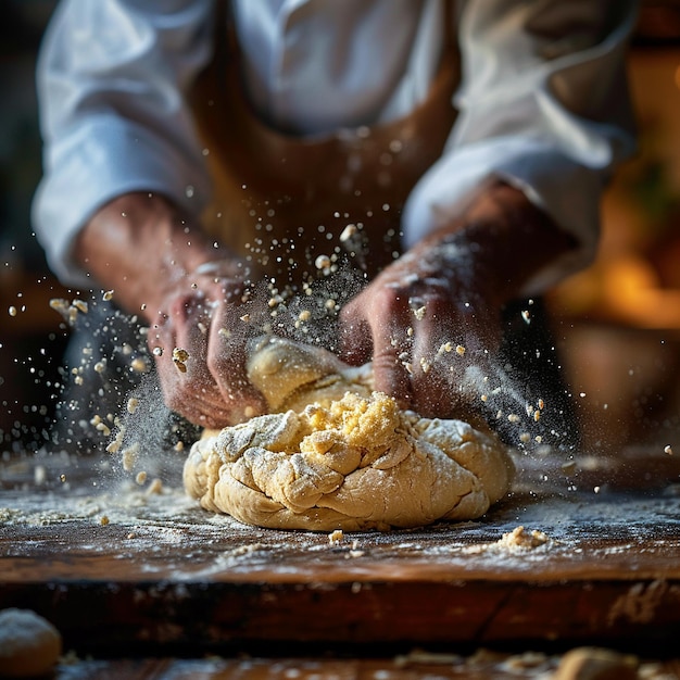 Photo baker kneading dough