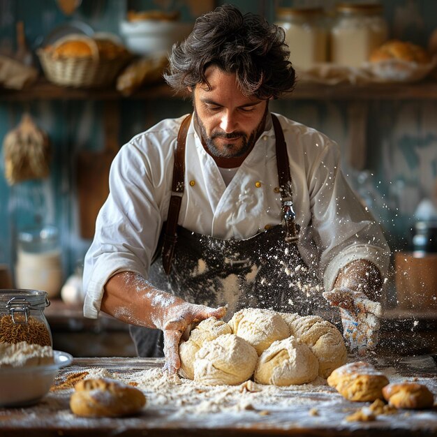Photo baker kneading dough