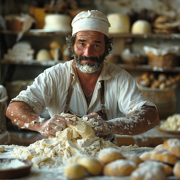 Photo baker kneading dough