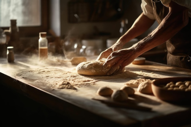 Baker kneads dough on a flourcovered counter