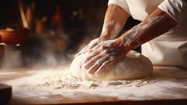 A baker kneads dough on a floured surface preparing to create delicious bread or pastries