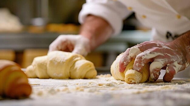 Photo baker kneads dough on a floured table the dough is being shaped into a croissant the baker is wearing a white uniform