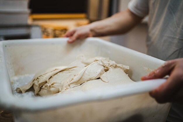 Пекарь держит пластиковый поднос с сырым тестом из свежего хлеба.