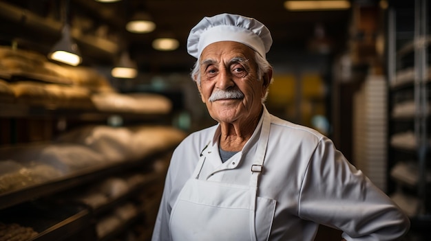 Baker man standing with fresh breads in background Happy male standing in bake shop and looking at camera