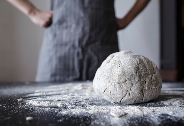 Baker pose with hands on hips pleased and proud that does its job and knead dough on a black table
